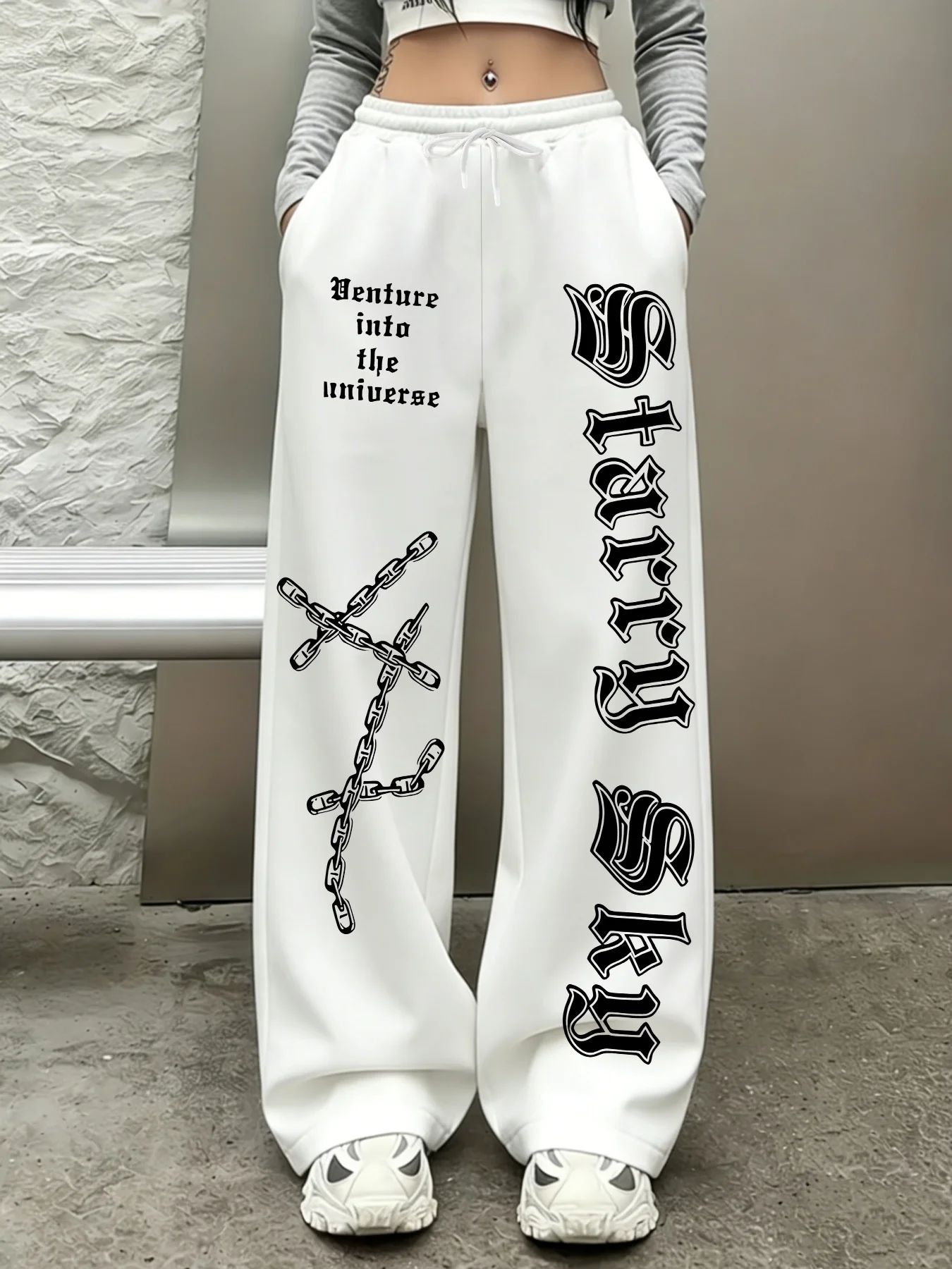 Y2K Gothic Women's Kids Wide Leg Sweatpants Chain Letter Print Elastic Waist Loose Hip Hop Streetwear Casual Jogger Trousers