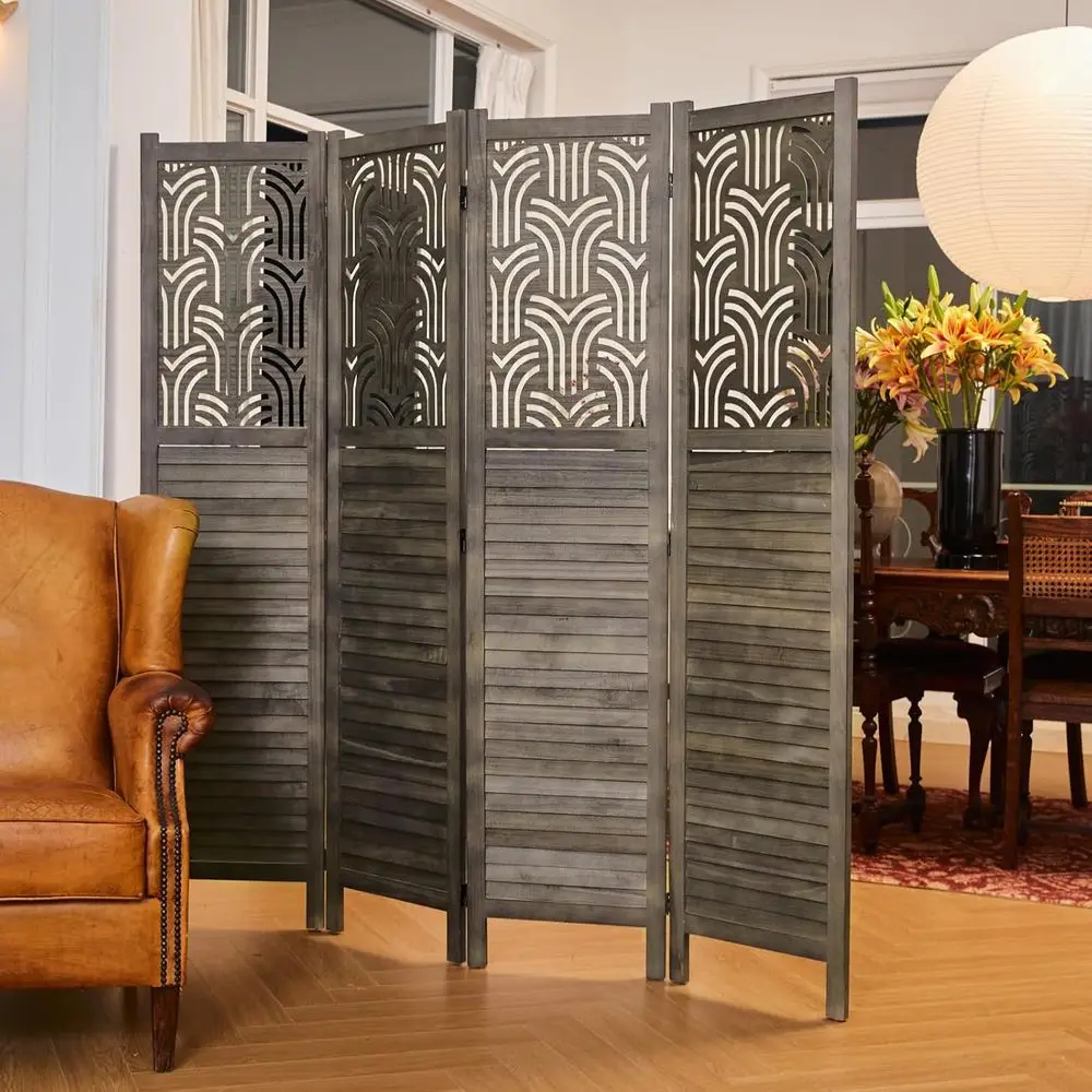 66.9 4-Panel Wooden Carved Room Divider - Portable Privacy Screen for Home, Office, Restaurant (Gray)