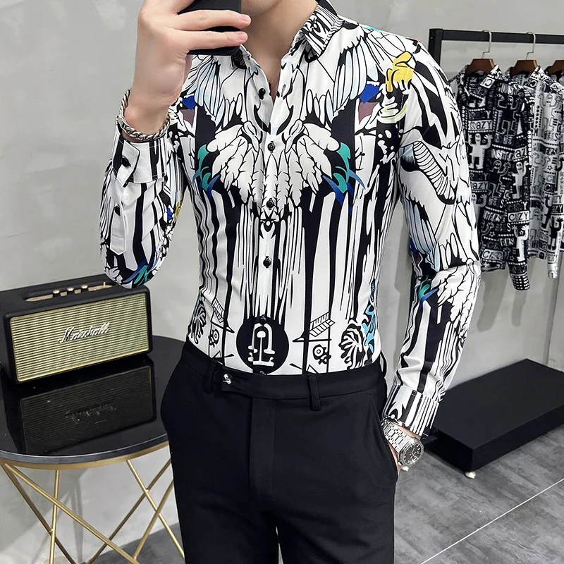 Vintage Indian Feather Print Shirts for Men Spring Autumn Long Sleeve Slim Fit Camisas De Hombre Casual Button-Up Men's Shirt