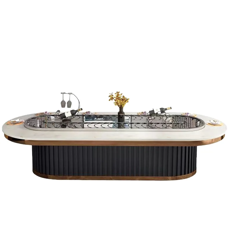 

Новый китайский электрический обеденный стол из каменной плиты овальной формы с невидимой индукционной плитой, современный, для ресторанов, с автоматическим вращением, длинный, для подогрева блюд.
