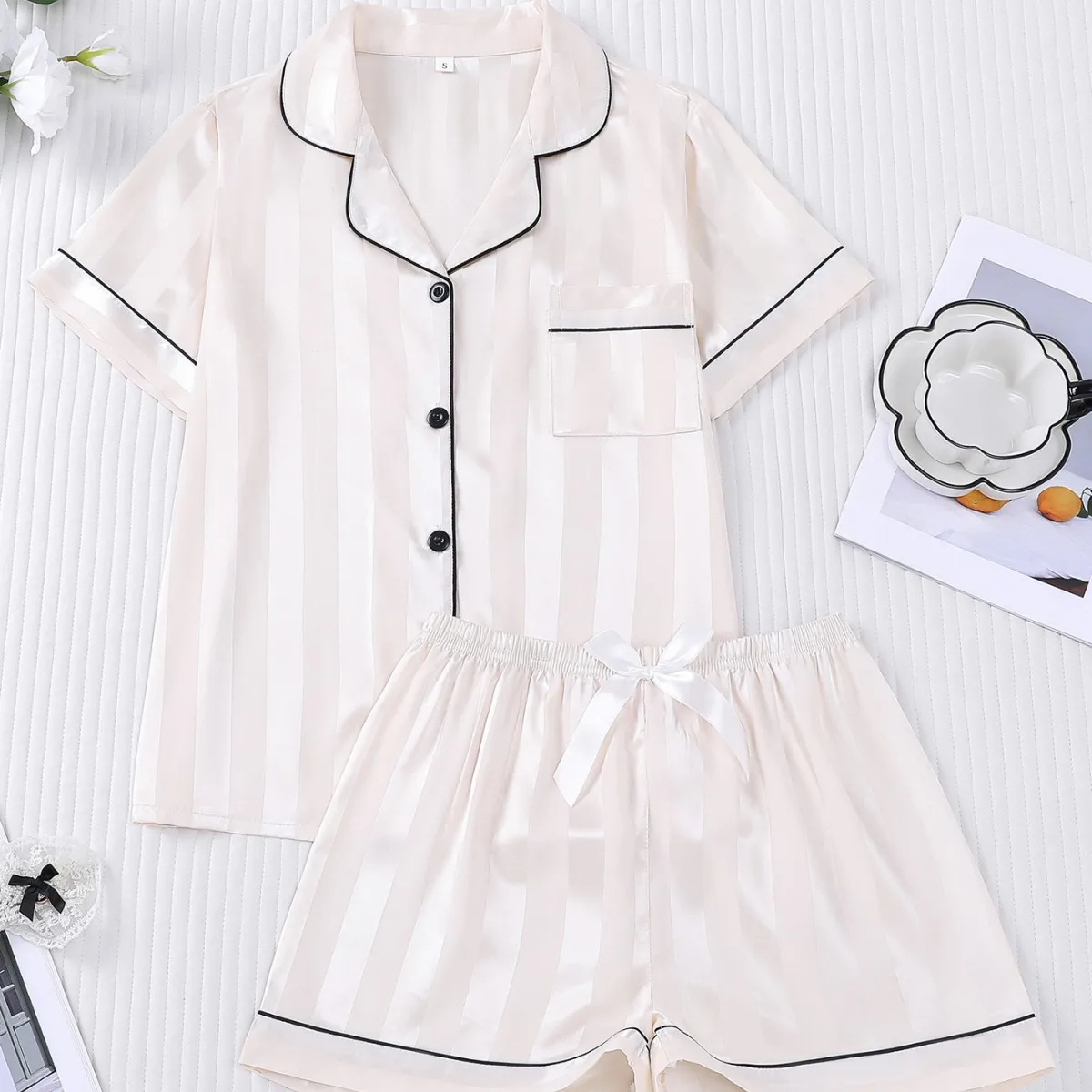 Women Pajamas Set Casual Comfy Loungewear Lapel Collar Short Sleeve Top & Shorts Pajama Set Womens Outfits Pijama Mujer 3