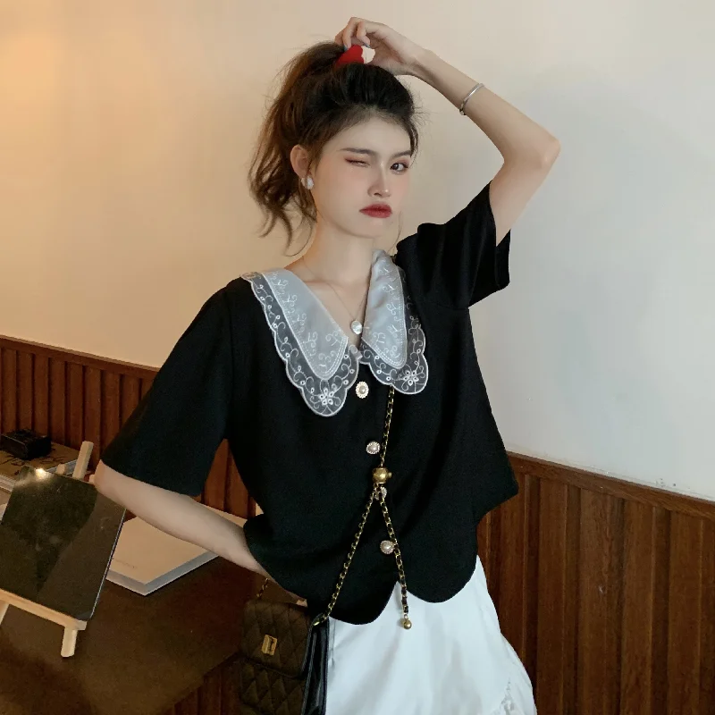 M-4XL Shirts Women Loose Summer Sweet Girls Embroidery Peter Pan Collar Princess Cute Holiday Mujer Korean Style Popular Ulzzang