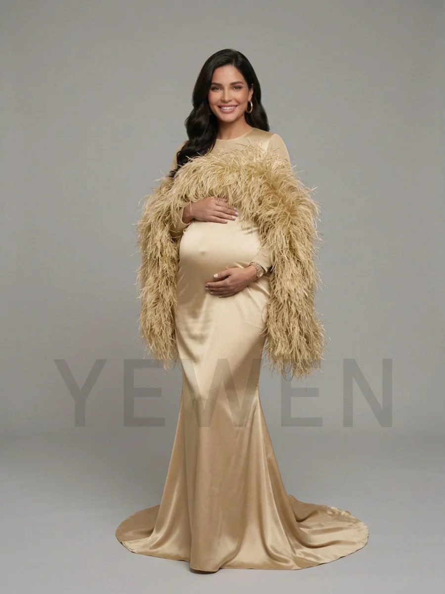 Pink Feather Pregnant Dress for Photo Shoot Silk Satin Mermaid Gown Studio Maternity Photography Gender Reveal Dress YD260917
