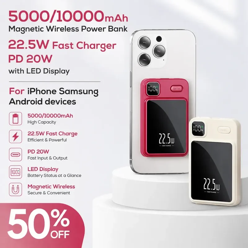 5000/10000mAh Magnetic Wireless Power Bank 22.5W Fast Charger PD 20W with LED Display for iPhone  Samsung Android devices
