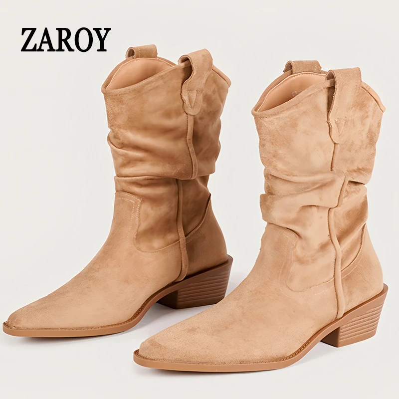 

ZAROY Pleated Suede Mid-calf Women Boots 2026 Winter Low Heel Pointed Toe High Booties All-matching Ankle Botas ботинки