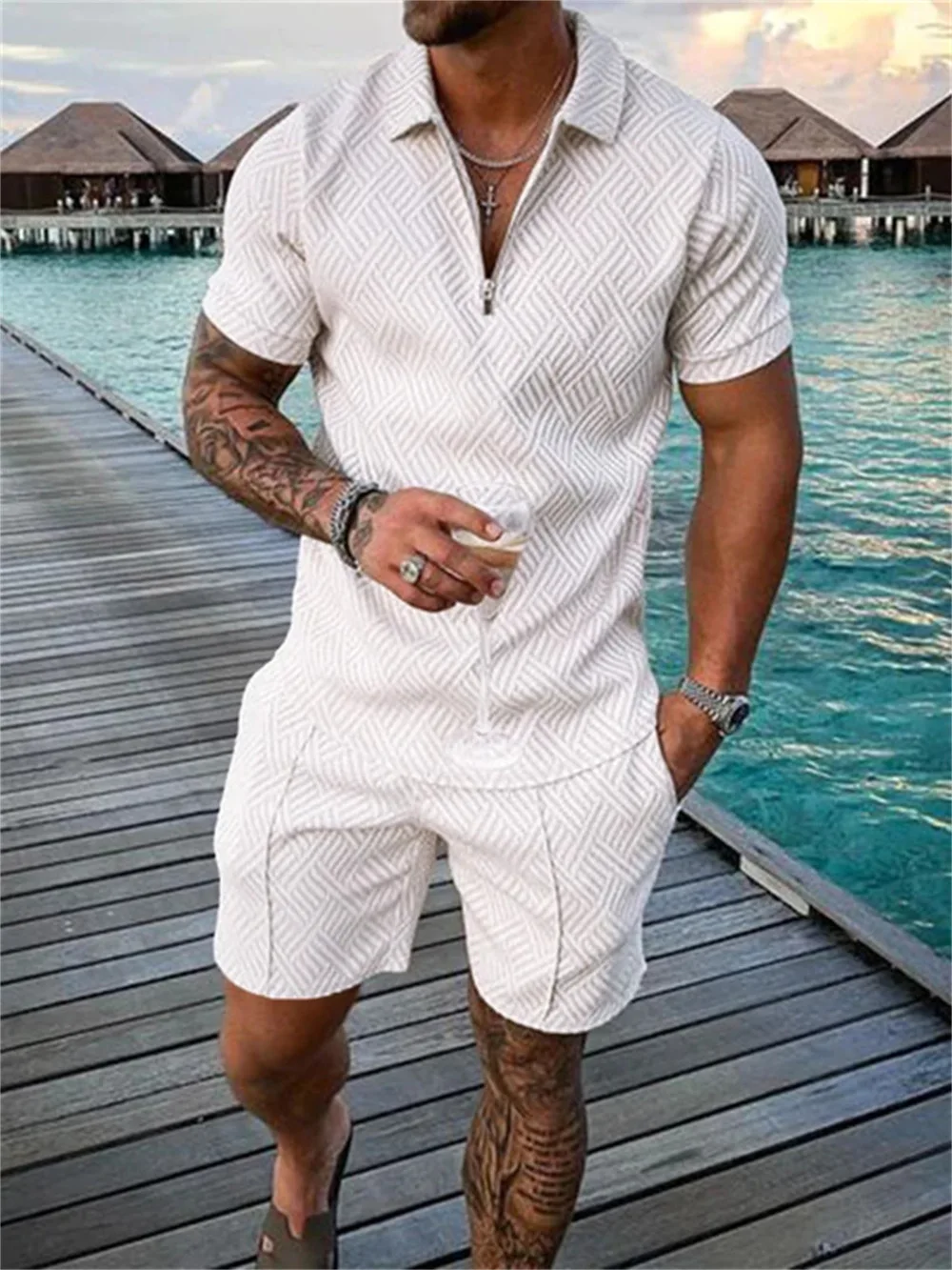 Solid Color Luxury Style Men's Polo Sets V-neck Zipper Polo Shirt Shorts Tracksuits Man 2-piece Set Men's Polo Suit Mens Wear view 6