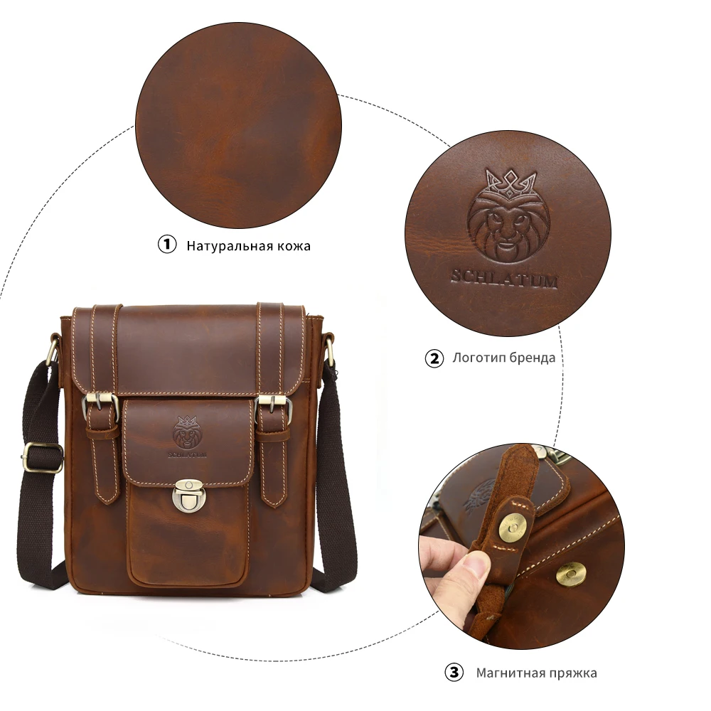 SCHLATUM-Saco Crossbody Marrom De Couro Genuíno Vintage para Homens, Crazy Horse Messenger Bags, Bolsa De Ombro De Moda De Qualidade