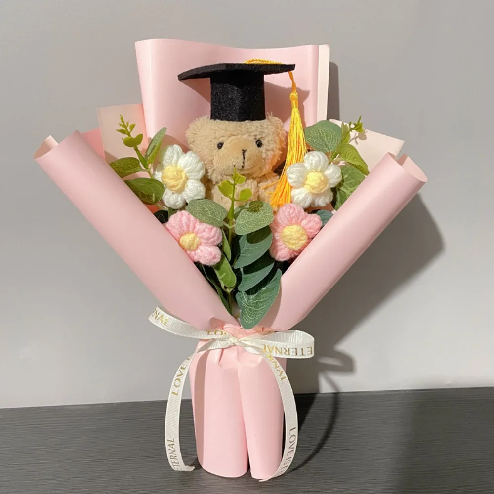 

New Dr. Bear Graduation Bouquet Cartoon Bear Animal Toy Hand Knitted with Light String Bouquet Decoration Party Decor