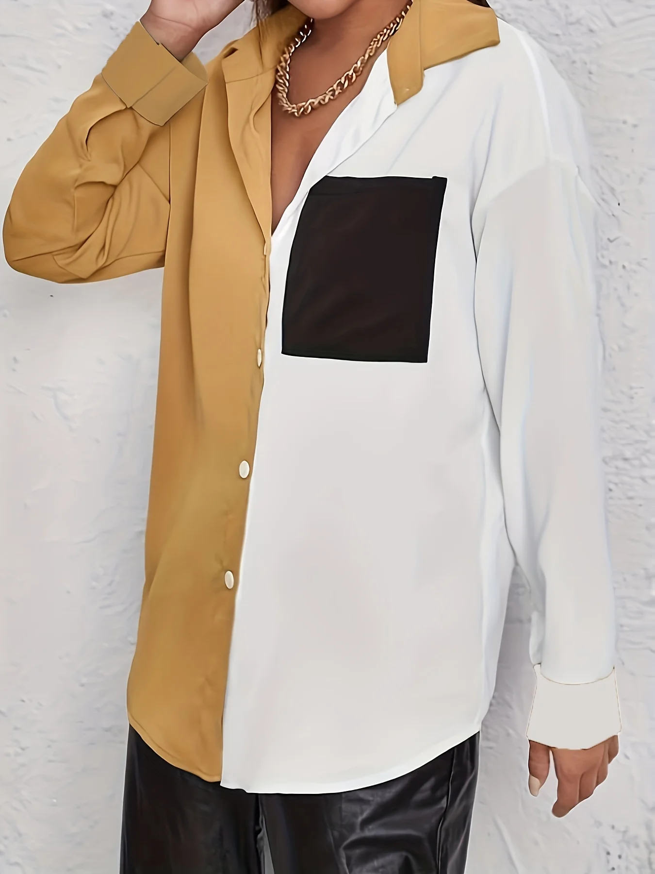 Plus Size Casual Blouse, Dames Plus Colorblock Knoop Met Lange Mouwen Omlaag Kraag Blouse