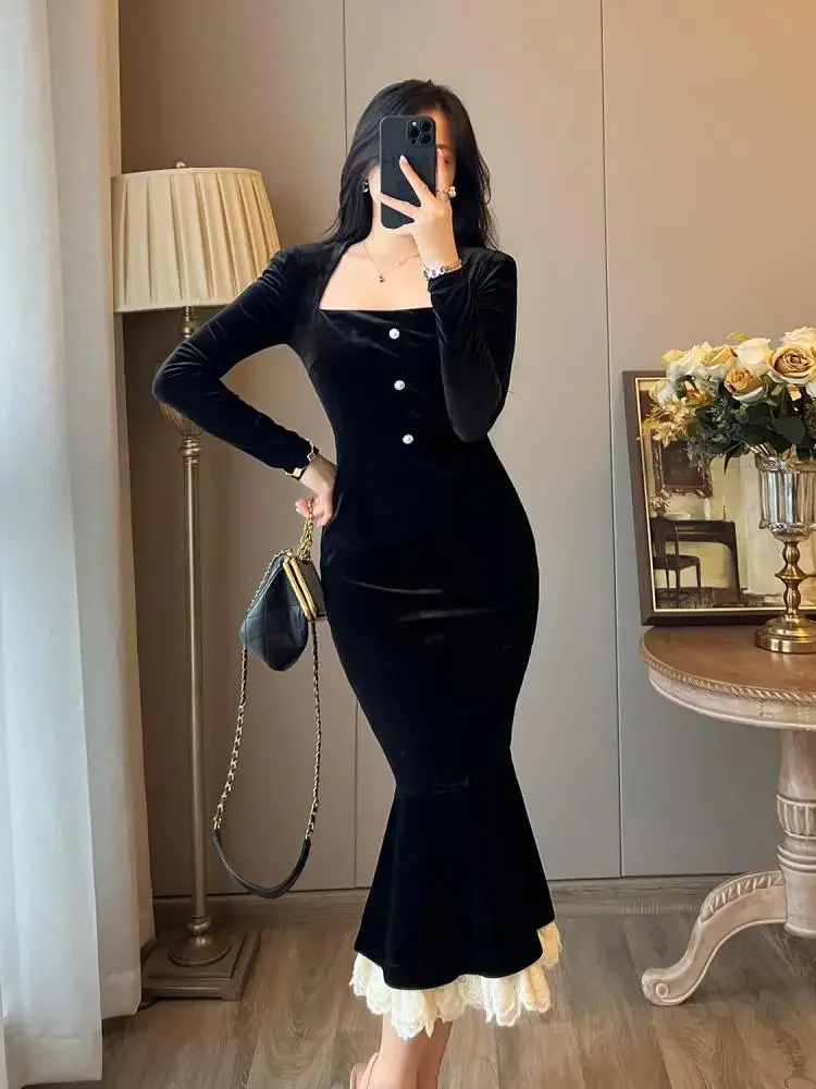 French Black Lace Patchwork Square Neck Wrap Hip Fishtail Dress Autumn Women Vintage Slim Evening Party Velvet Long Dresses 2024