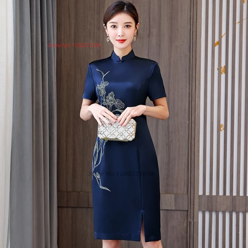 2024 chińska suknia ślubna ulepszony cheongsam narodowy haft w kwiaty satynowa sukienka qipao orientalna elegancka suknia wieczorowa qipao