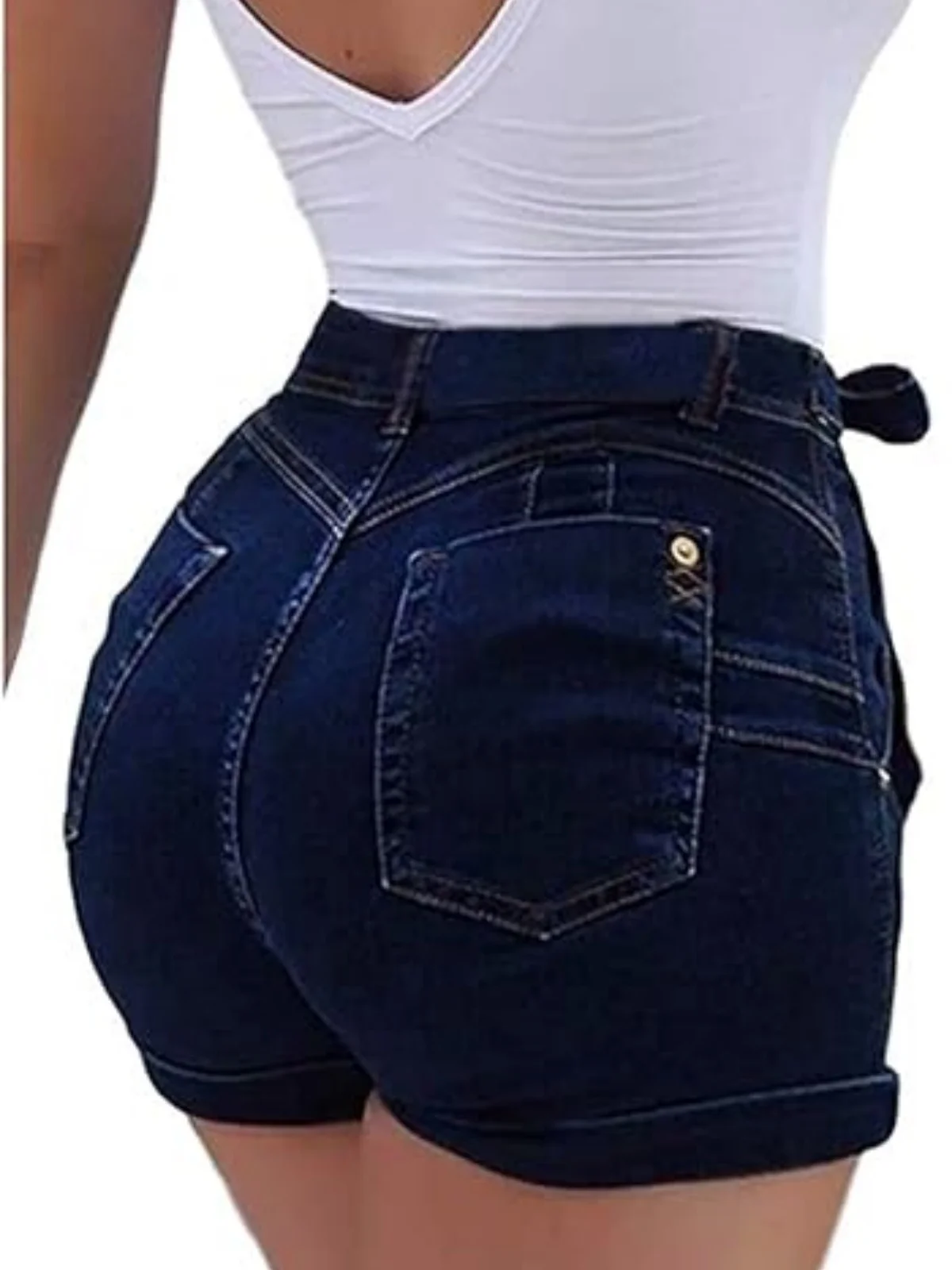 Vintage High Waist Pockets Denim Shorts Classic Washed Stretchy Folded Hem Pants Women Lace-Up Belt Summer Sexy Jeans Shorts