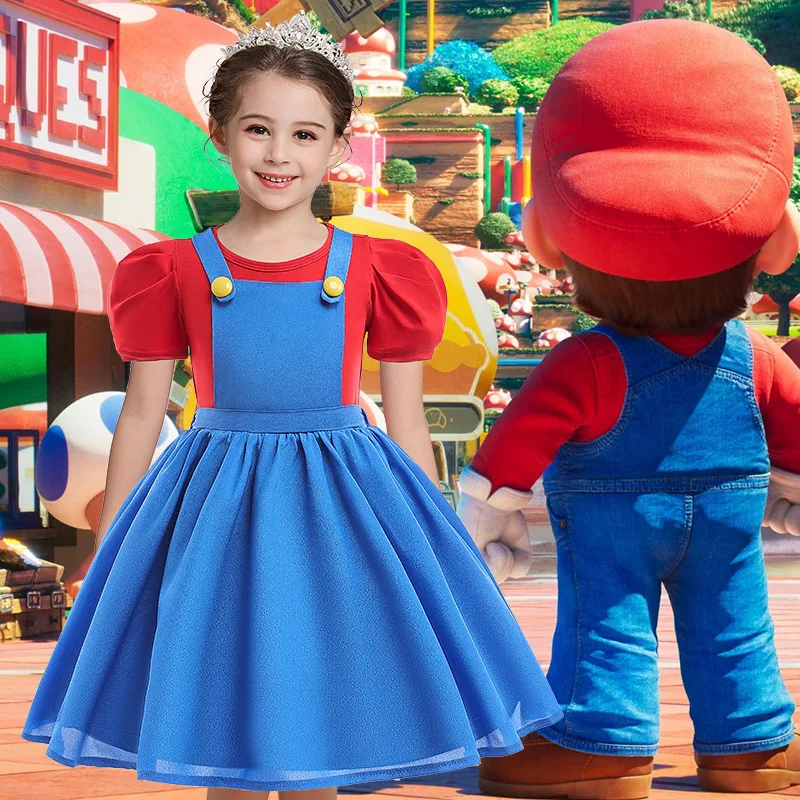 Children Girl Princess Dress Cartoon Super Mario Cosplay Costume Short Sleeve Cotton Kids Girl Birthday Party Dress