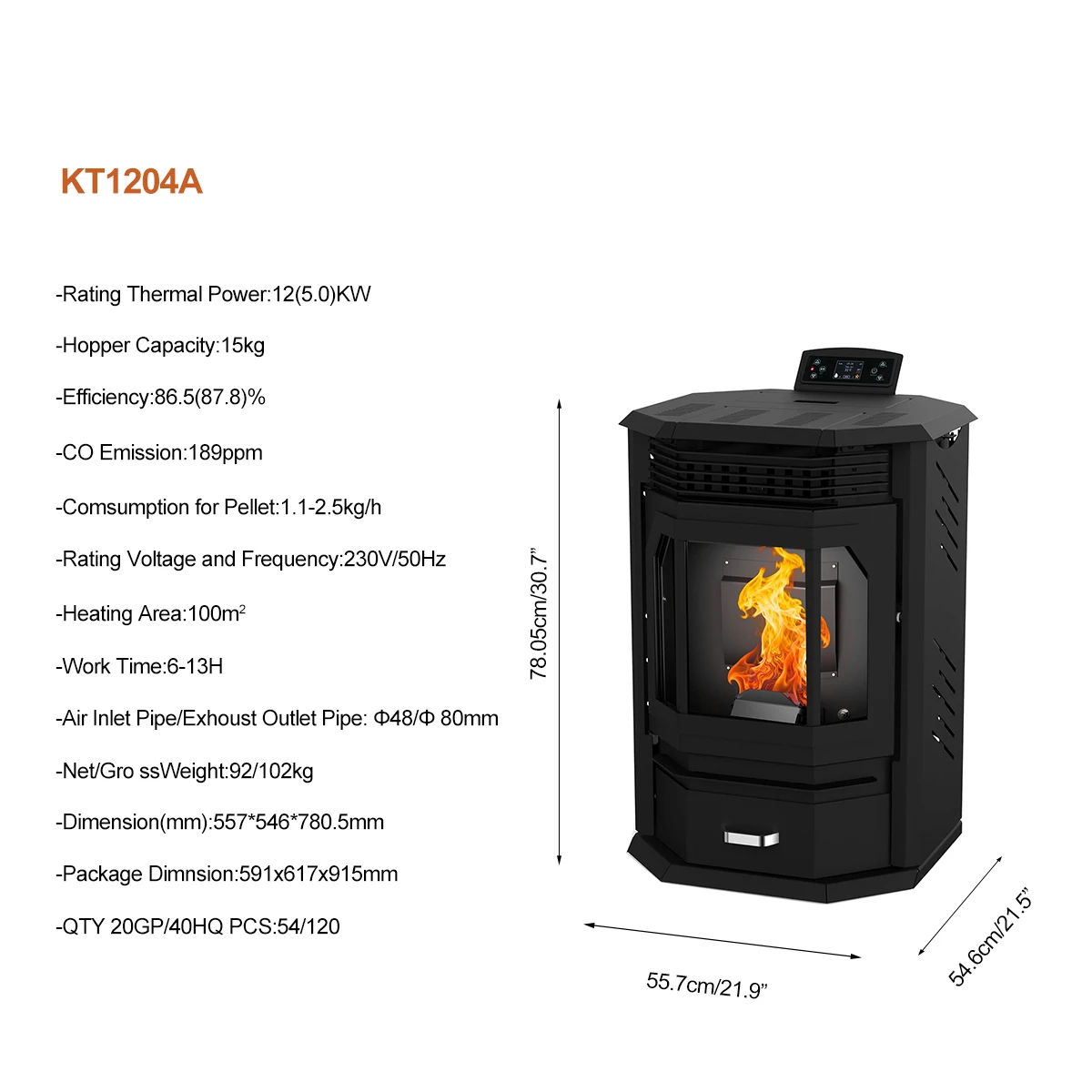 12KW Automatic Indoor Smokefree  WiFi Enabled Steel 1076-sqft Heating Area for Houses Villas Pellet Stove Heater