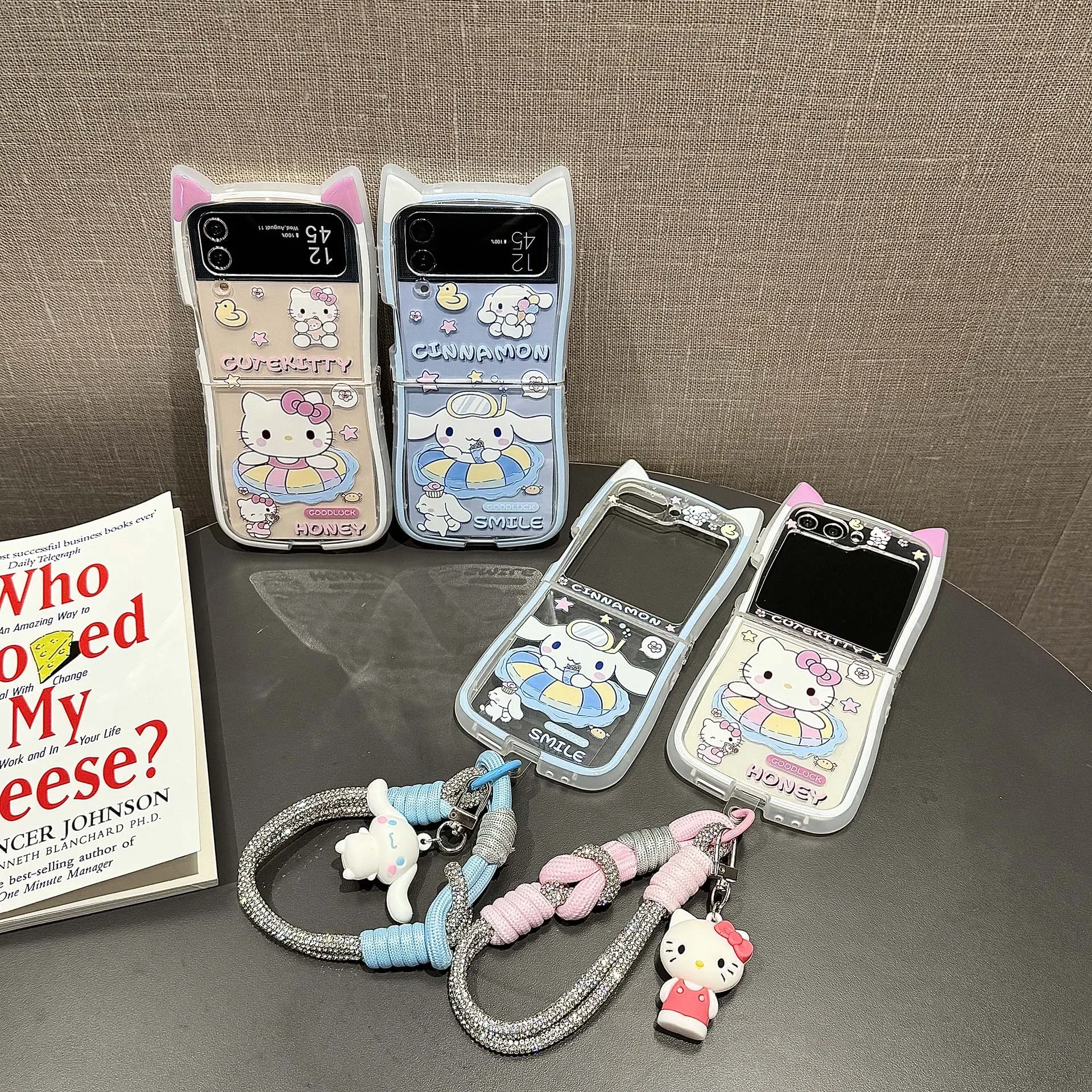 

Hello Kitty Cinnamoroll Cat ears With pendant Phone Case for Samsung Galaxy Z Flip 4 Hard PC Back Cover for Z Flip 5 6 Case Case