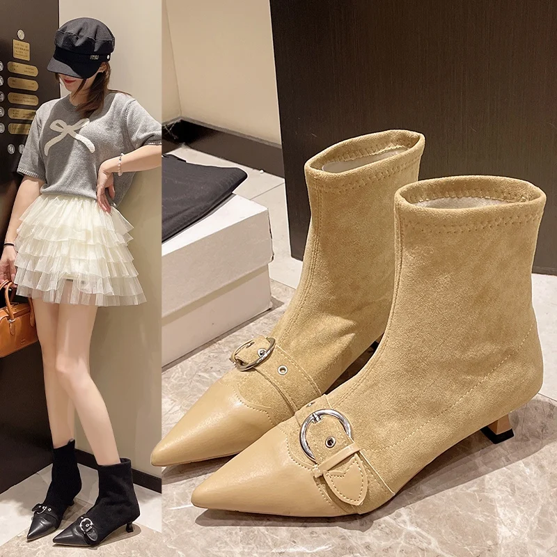 

New Style Popular Designder Belt Buckle Ankle Boot Women Fashion Pointed Toe Zipper Thin Low Heels Banquet Party Female Shoes