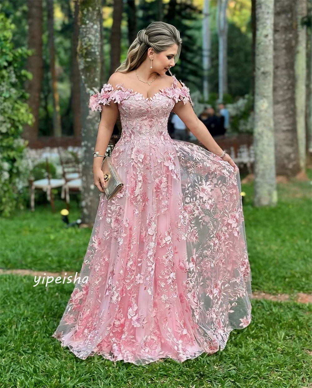 Organza Applique Draped Pleat Homecoming A-line Off-the-shoulder Bespoke Occasion Gown