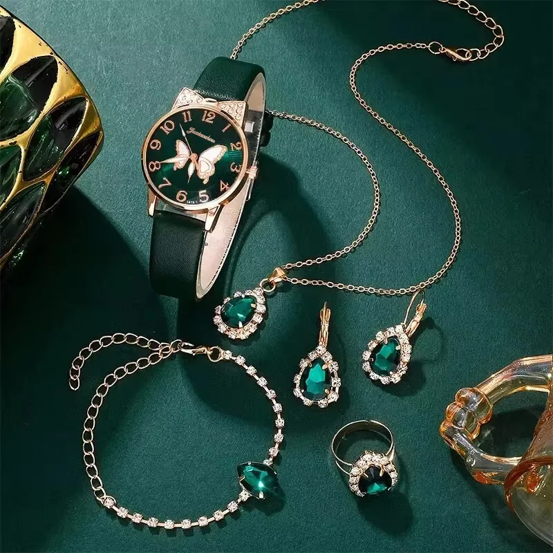 Women Green Watch Ring Necklace Earrings Bracelet Set Diamond Fashion Wristwatch Female Casual Ladies Quartz Watches Jewelry Set