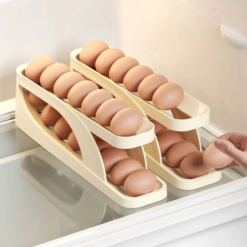 Kitchen Countertop Slide-out Egg Holder, Double-layer Automatic Egg Roller for Refrigerator Side Door Egg Storage Box