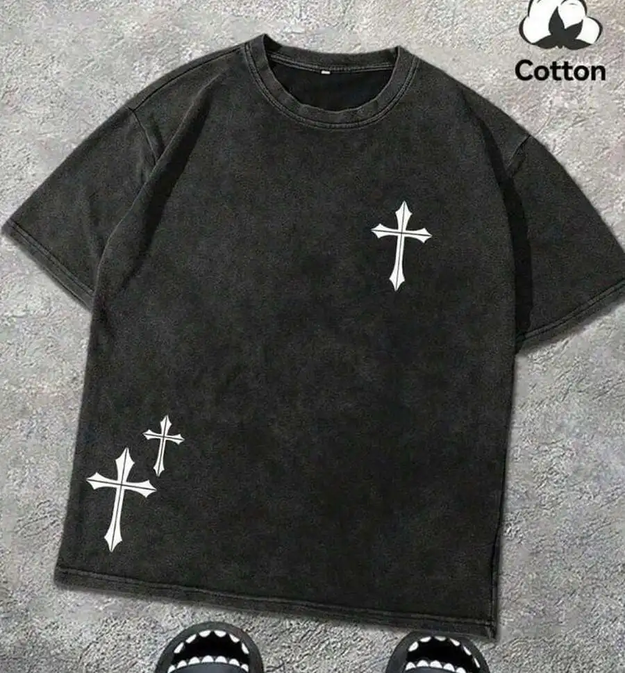 230g Heavyweight Vintage Washed Men Crew Neck Tee, Faded Distressed With Gothic White Cross Print. Suitable For Daily Outfits, Parties And Gatherings