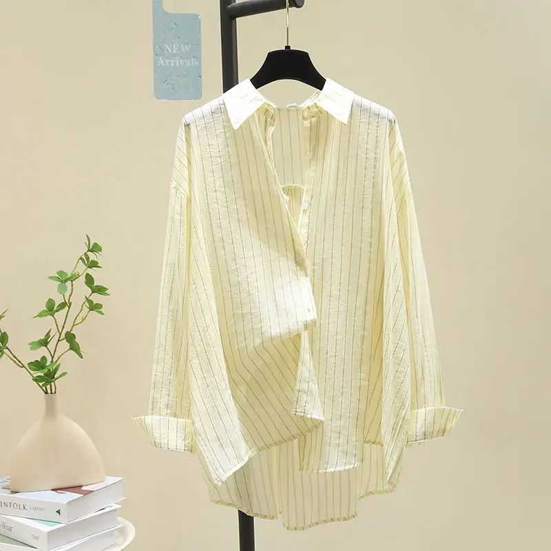 New Summer Women Fashion Striped Print Sunscreen Shirt Lapel Long Sleeve Tunic Blouse Casual Streetwear Oversized Irregular Tops