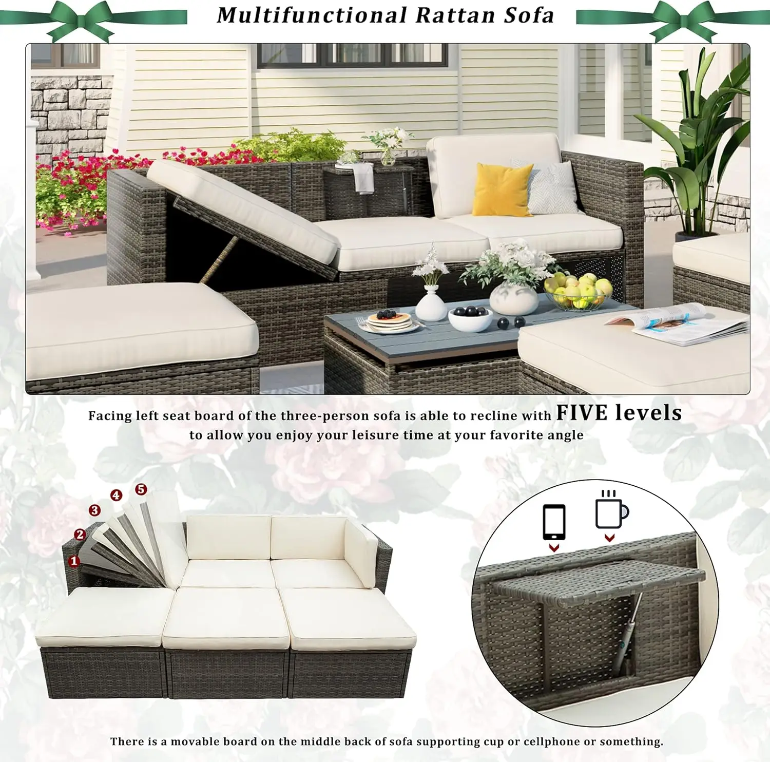 Conjuntos de móveis de pátio com encosto ajustável, PE Rattan Wicker, conjunto secional, otomanos e mesa elevatória, 5 peças