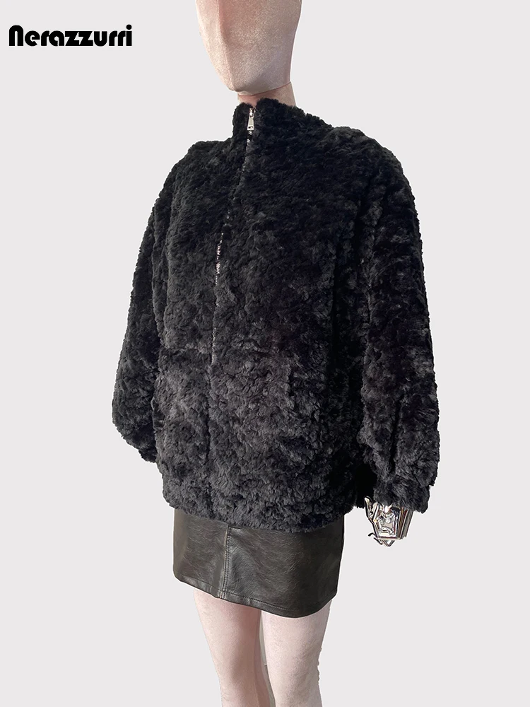 Lautaro autunno inverno carino dolce caldo spesso morbido nero corto cappotto di pelliccia sintetica donna con lunghe orecchie da coniglio Fuzzy Fluffy Jacket felpa con cappuccio