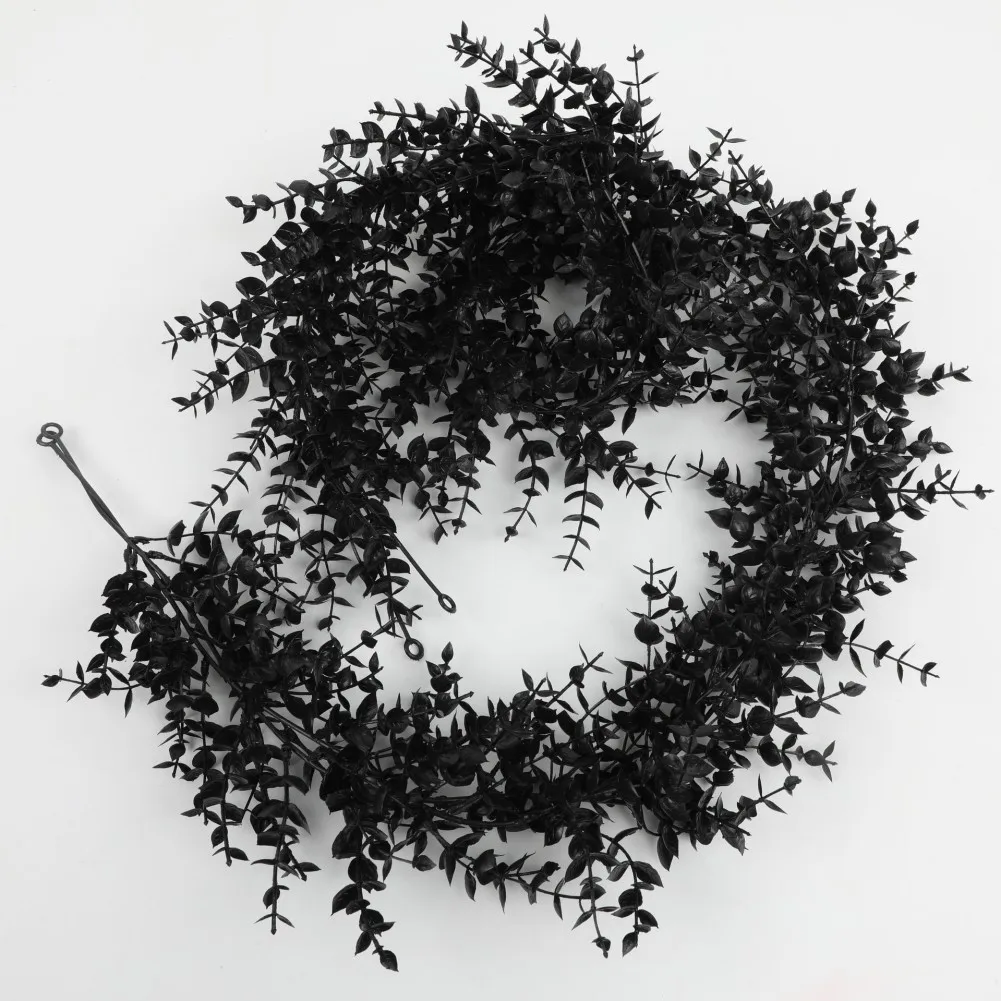 Black Faux Eucalyptus Vine Garland Featuring Soft Fabric Leaves and Waterproof Construction for Year-Round Gothic Seasonal Decor