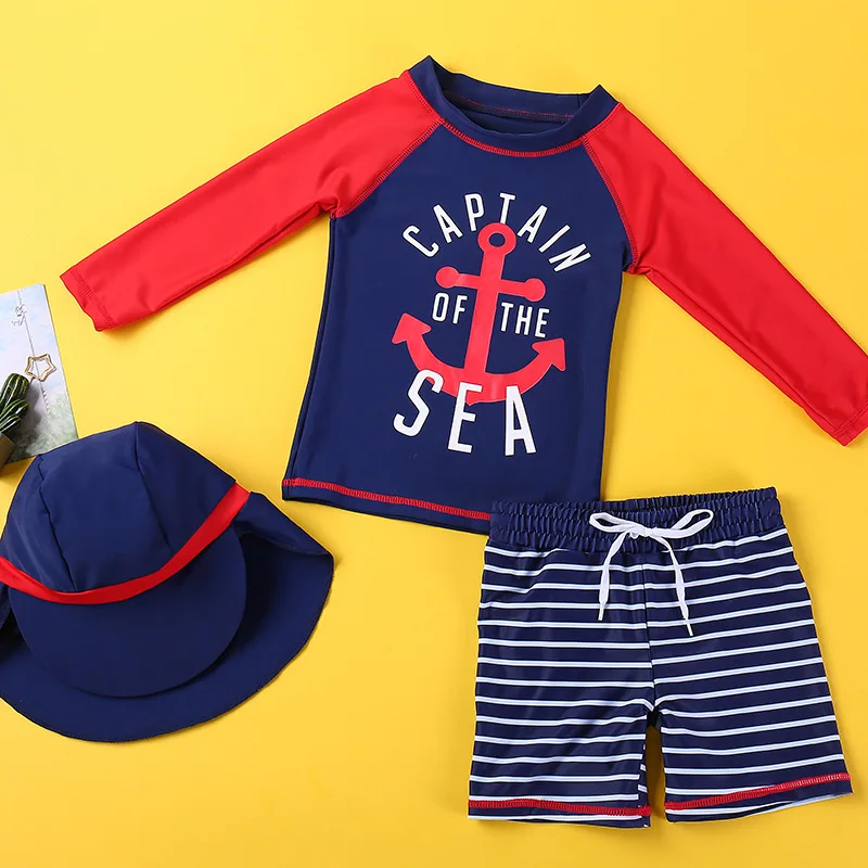 1-12Years Children Long Sleeves Short Sleeves Split Bathing Suit Baby Boys Girls Cartoon Swimsuits+Shorts+Cap Three-piece Set