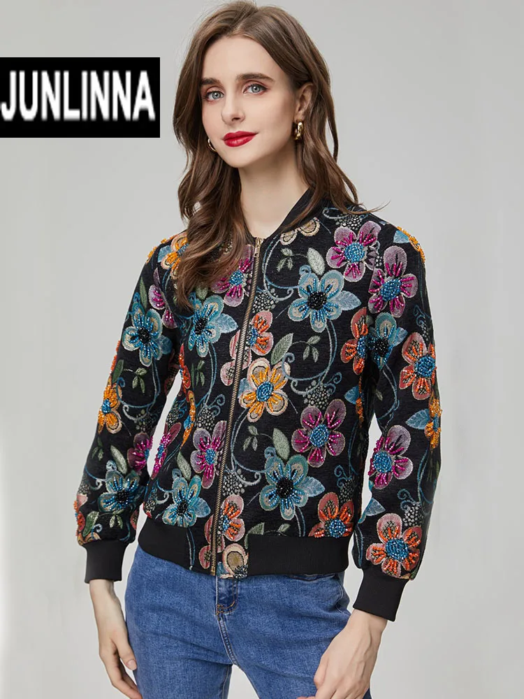 JUNLINNA Jacquard Fashion Jacket Autumn Winter Women Beading Coat Crew Neck Long Sleeve Casual Outwear