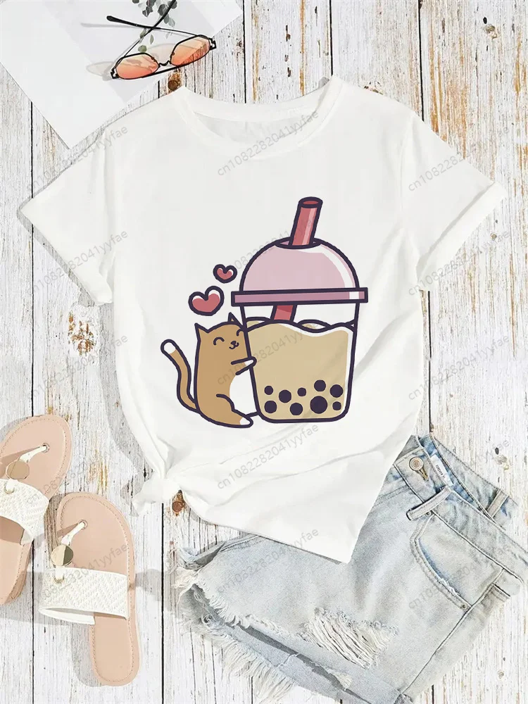 버블 티 하라주쿠 카와이 티셔츠 여성 재미있는 만화 티셔츠 귀여운 애니메이션 탑 걸스 티 여성