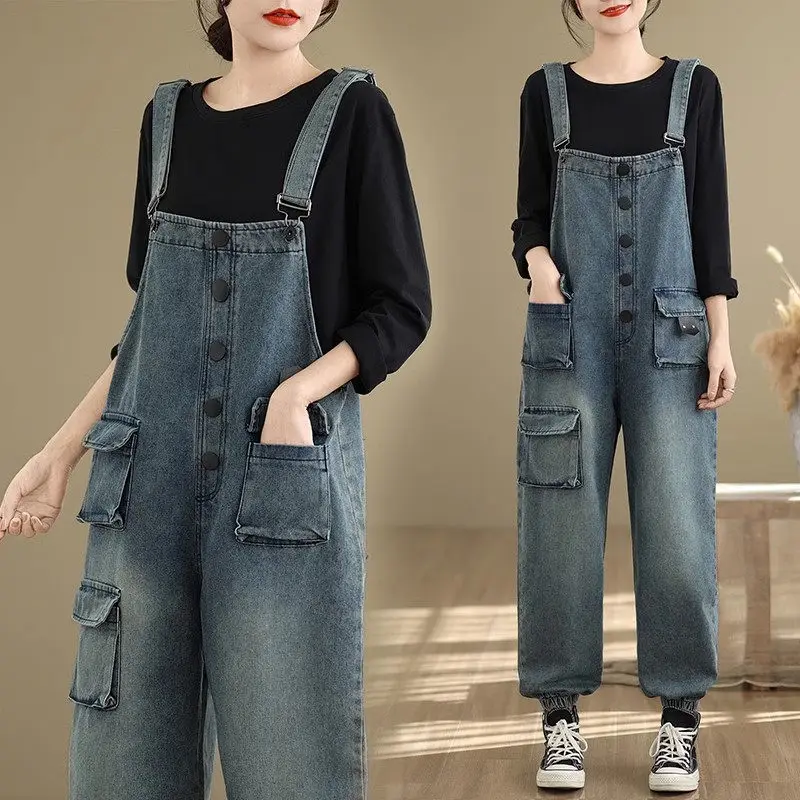 Large Size Women's Fashion 2025 Spring/Summer Jeans Overalls, Multi-Pocket Cuffed Casual Pants, Harem Denim Jumpsuit G024