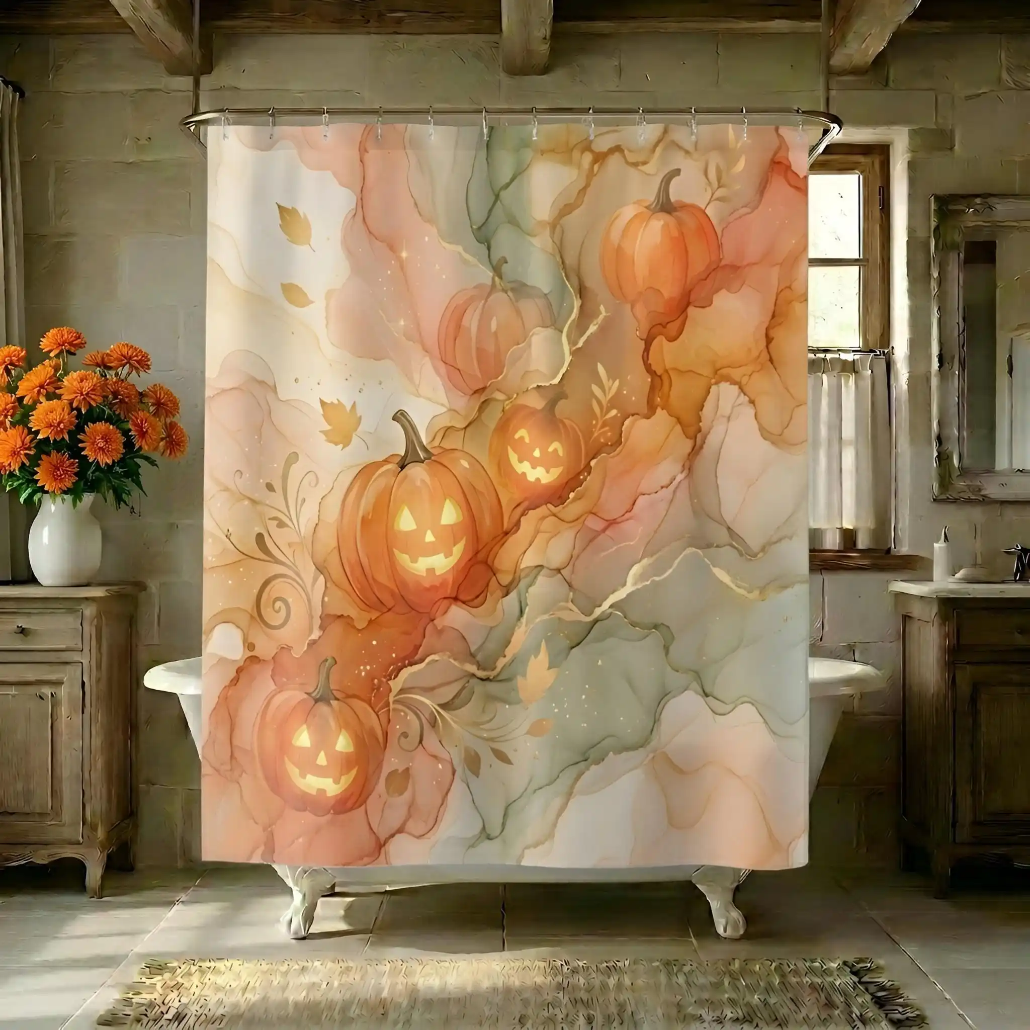 Autumn Pumpkin Watercolor Shower Curtain Fall Harvest Bathroom Decor Seasonal Halloween Fall Shower Curtain