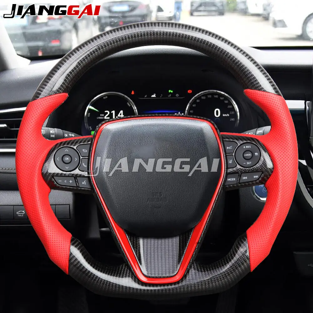 

HandMade Carbon Fiber Car Sports Steering Wheel Fit For Toyota Camry RAV4 Corolla 18+ Accessories Red Leather