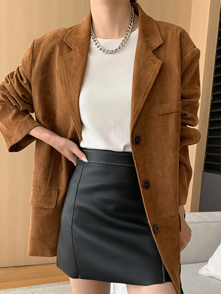 Brown Faux Suede Jacket Women Fall Oversized Blazer 2024 Autumn Lapel Pockets Coat Office Top Lady Elegant Street New In Outwear