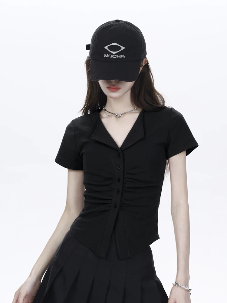Black V-Neck Short Sleeve T-Shirt Women's Fashion Korean Style Slimming Waist Design Summer Commute Style Casual Wear