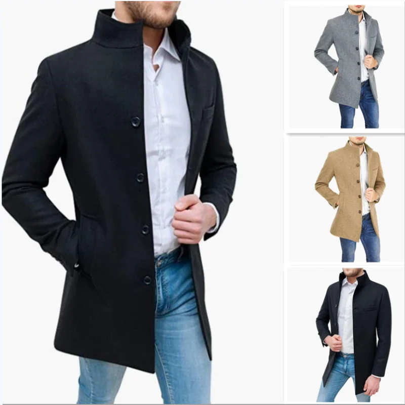 Elegant Slim Jackets Man Matching Windbreaker Solid Color Wool and Blends Mid-length Trench Coat Long Sleeve Men's Jacket