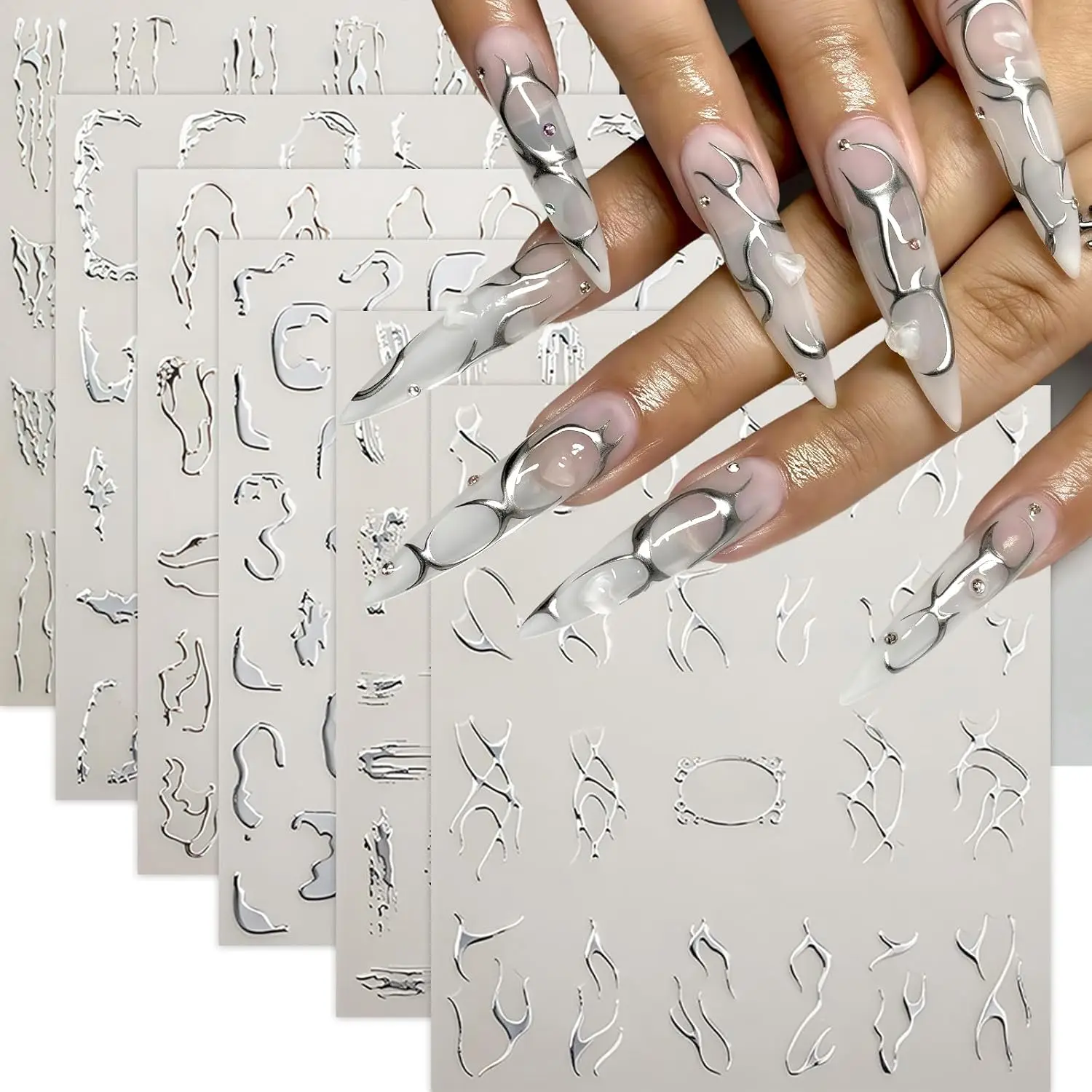 

6 Sheets Silver Line Nail Art Stickers - 3D Abstract Marble Wave Decals for Women