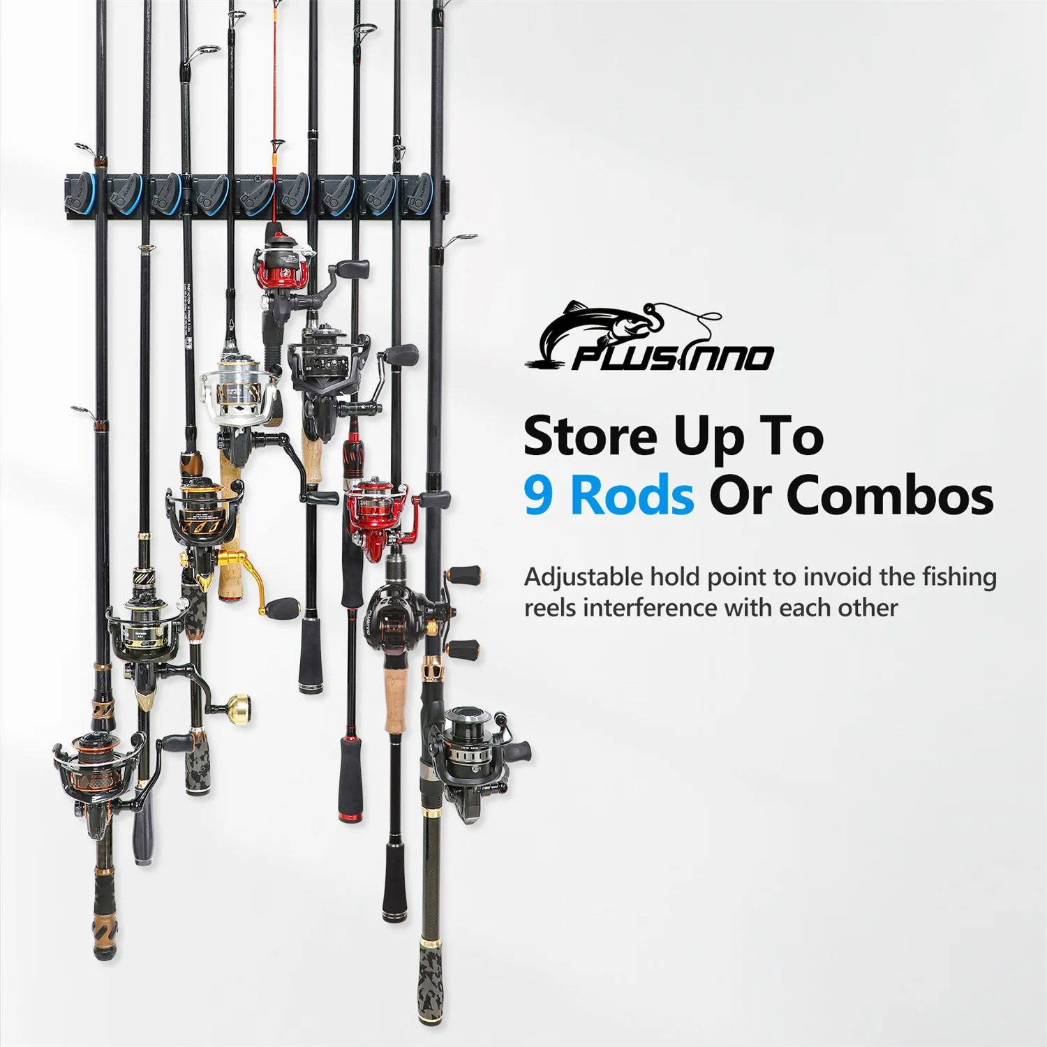 PLUSINNO Vertical Wall Mounted Fishing Rod Holder  Pole Rack Holds Up to 9 Rods or Combos