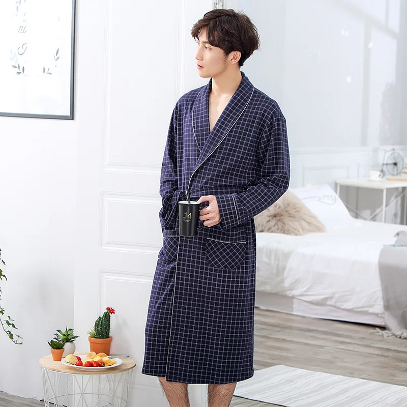 남성용 코튼 잠옷 탑 기모노 가운, 격자 무늬 로브, 긴 목욕 로브, 신부 로브, 드레싱 가운, 2024 용수철 가을