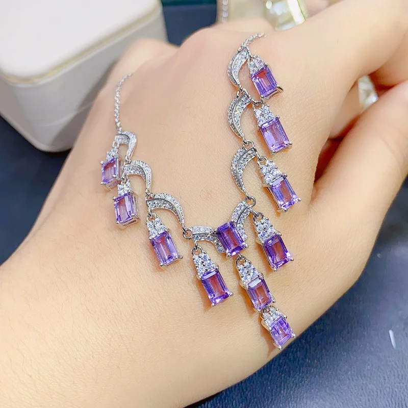 Natural Amethyst Necklace, 925 Sterling Silver, Luxury Emerald Cut Gemstone Pendant, Evening Party Fine Jewelry for Women view 2