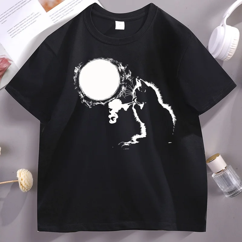 Kitten Smoking Moon Tshirt Funny 90s Vintage Style Cat T Shirts Graphic Tees High Quality Creative Breathable T-shirt women Tops