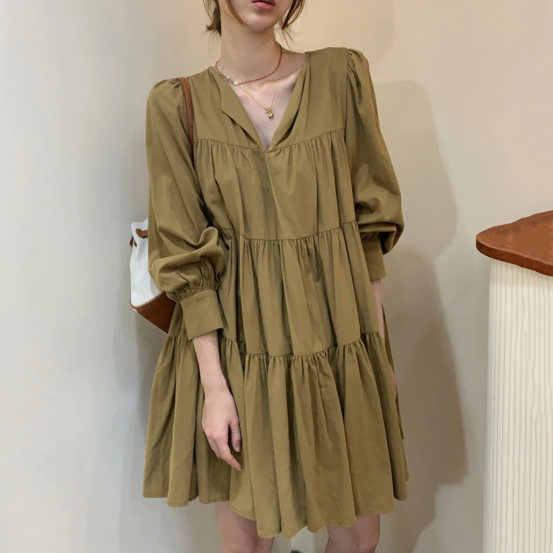 Chic primavera dimagrante V-Ne design a pieghe bambola allentata gonna da donna Dr coreano Sle vita ampia gonna lunga torta Sve