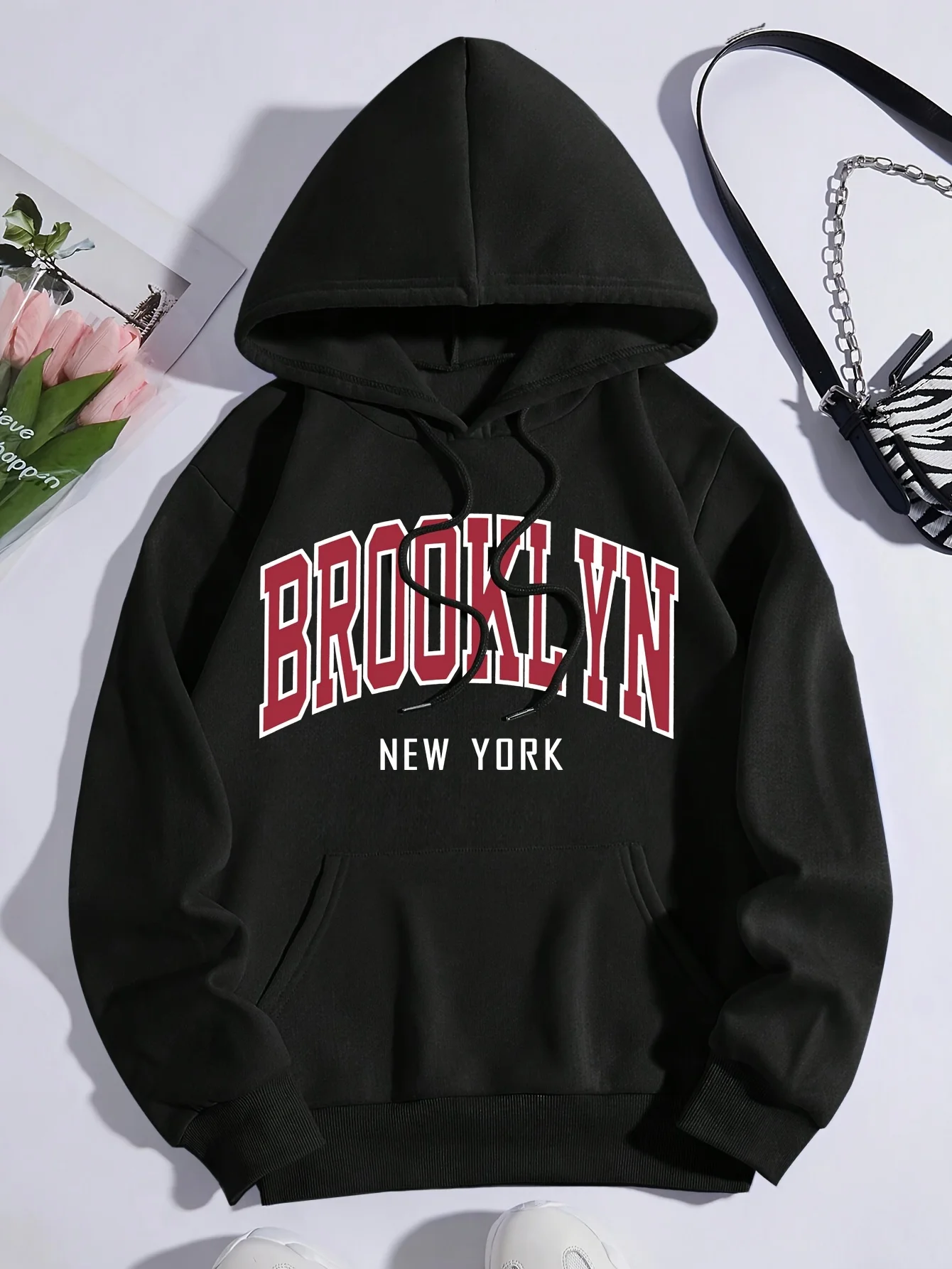 Bright Brooklyn New York Graphic Print Hoodie Sweatshirts with Soft Brushed Fabric Drawstring Casual Athletic Wear for Women