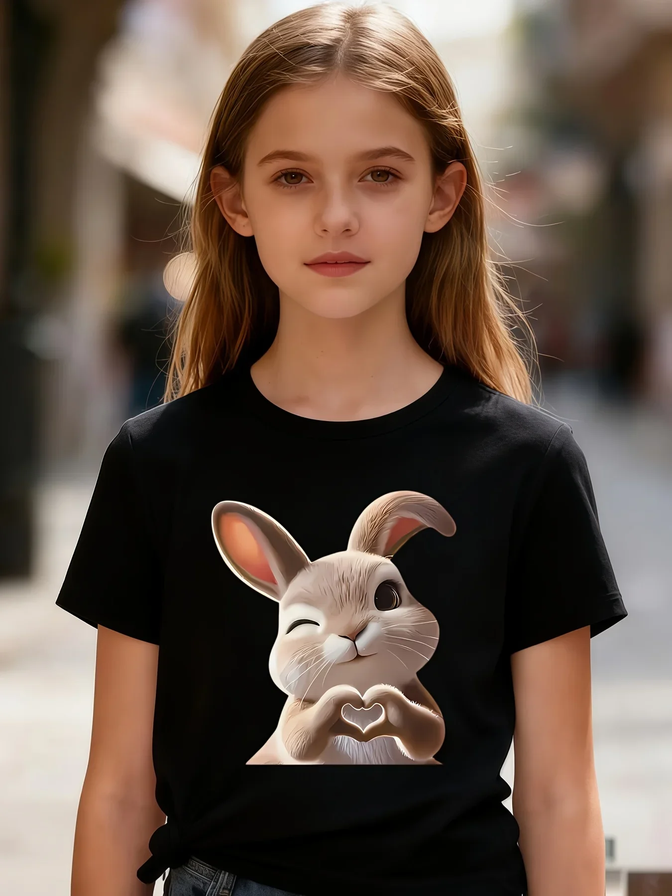Girls Cute Winking Rabbit Heart Hands Graphic T Shirt Cartoon Bunny Making Heart Gesture Print Short Sleeve Kids Casual Summer T