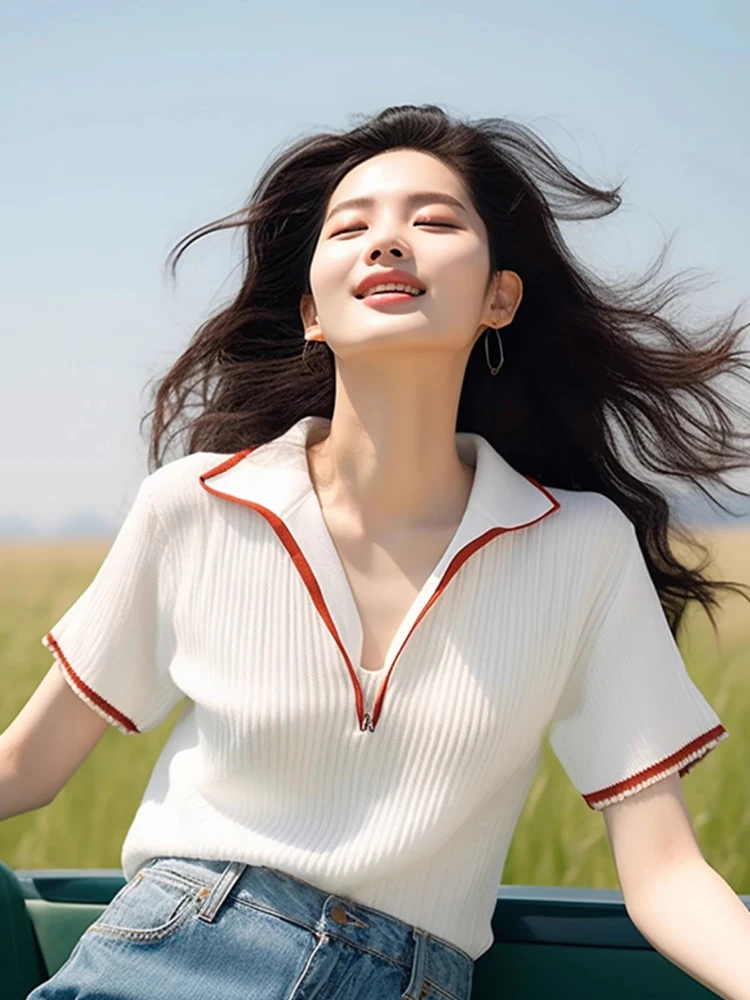 Faionable Top lavorato a maglia in seta ghiacciata f Zip ort Sve Base per pendolari irt Design Sensation Linea di colori a contrasto Estate Sle