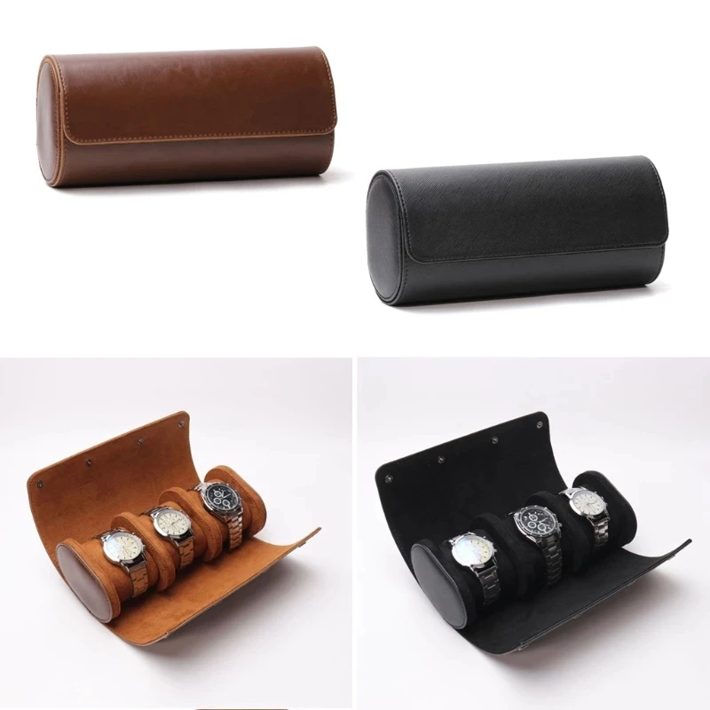 3-Slot Watch Roll Travel Case Bracelet Portable Vintage Leather Watch Display Case Storage Box Watch Organizers for Men Gifts