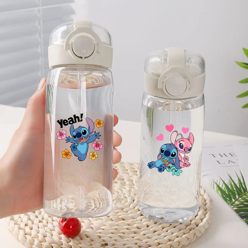 Disney Anime New Portable Portable Plastic Drinking Straw Cute Stitch Children Student Cup Children Boy Girl Handheld Cup Giift