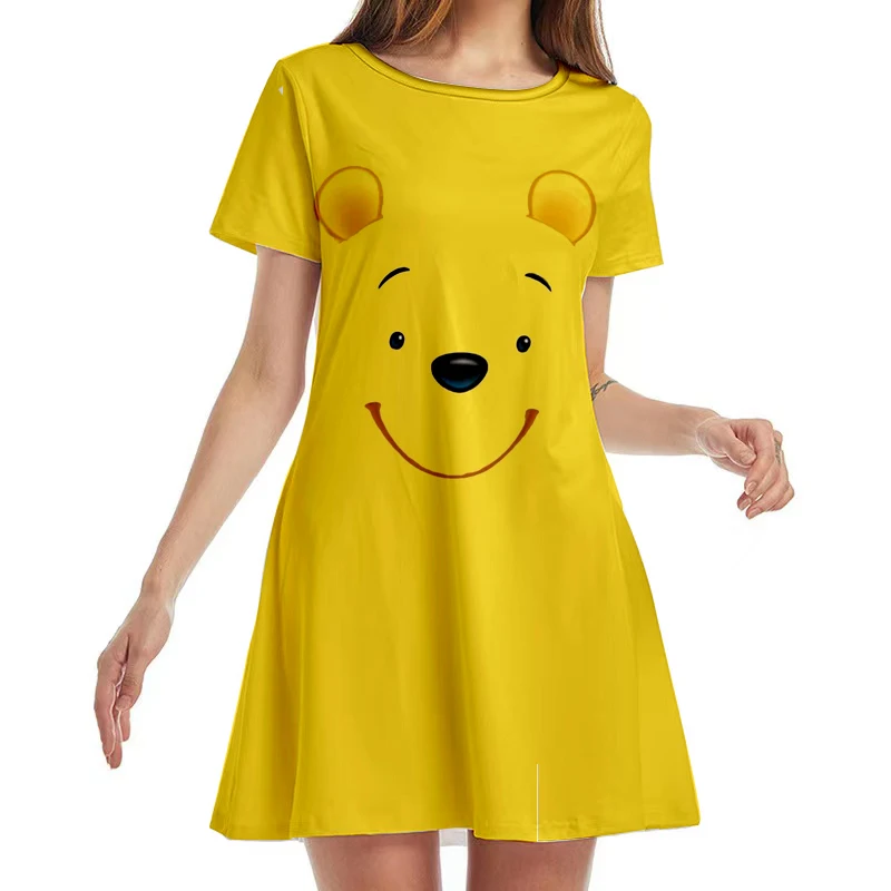 

Summer New Disney Brand Mickey Minnie and Winnie the Pooh Anime Pleated Loose Print Short Sleeve Knee Length Casual Dress Y2K