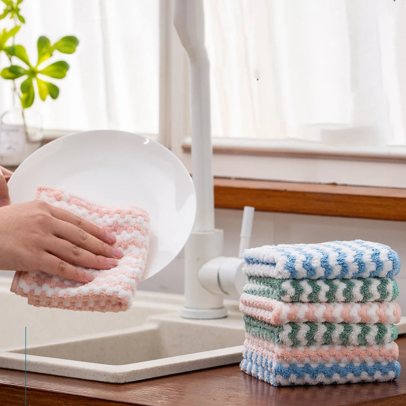 1pcs Coral Velvet Jacquard Wipes Absorbent Thickened Kitchen Cleaning Cloth Non-stick Dishcloth Wiping Table Towel